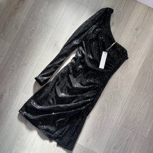 Meshki Kirstie One Shoulder Sequin Mini Dress in Black